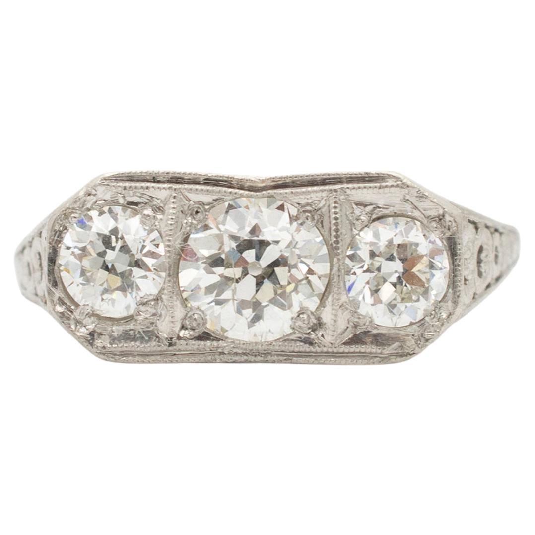 Ladies Antique Art Deco Platinum Filigree Three Stone Diamond Engagement Ring For Sale