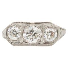 Ladies Antique Art Deco Platinum Filigree Three Stone Diamond Engagement Ring