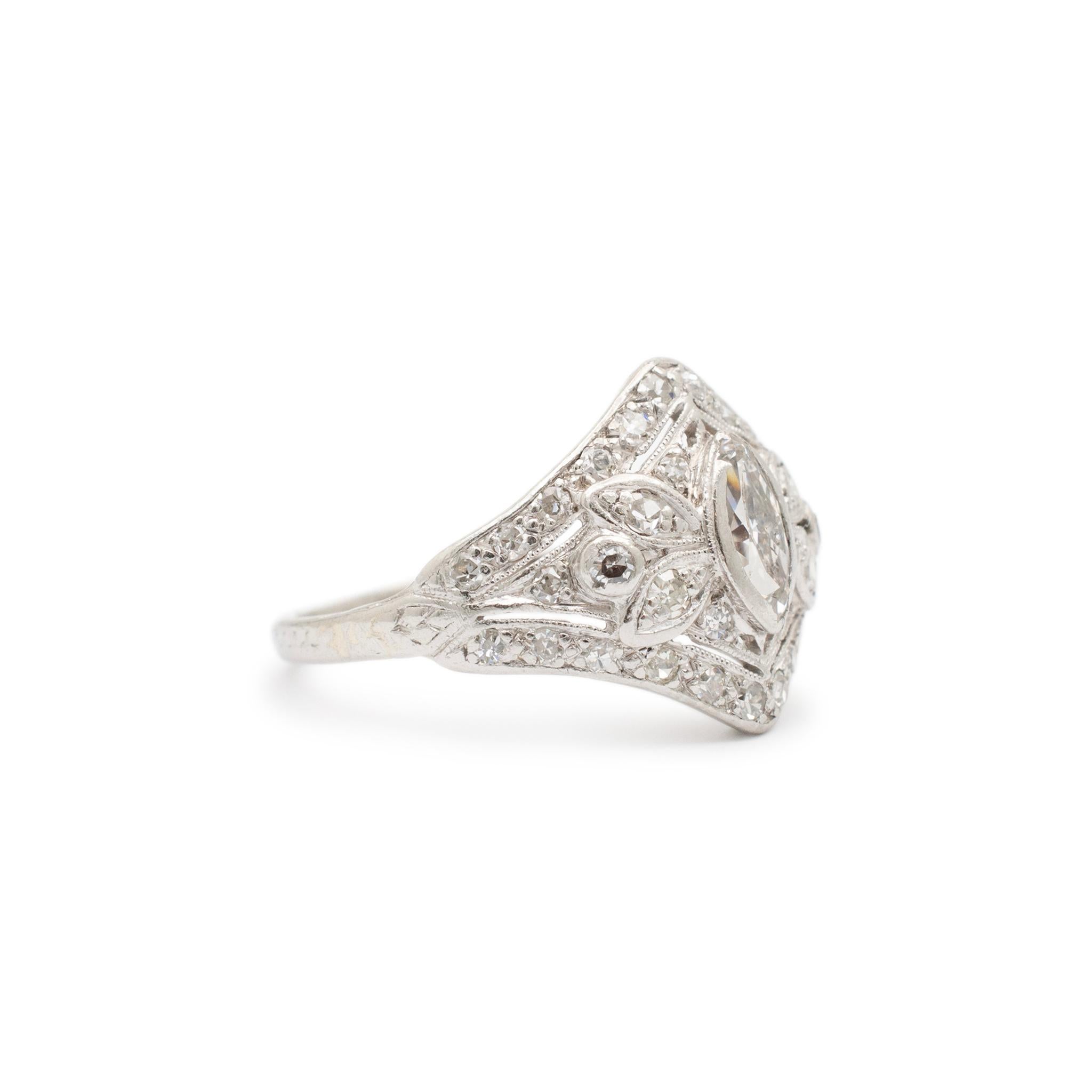 Ladies Antique Art Deco Platinum Filigreed Diamond Diamond Engagement Ring In Excellent Condition In Houston, TX