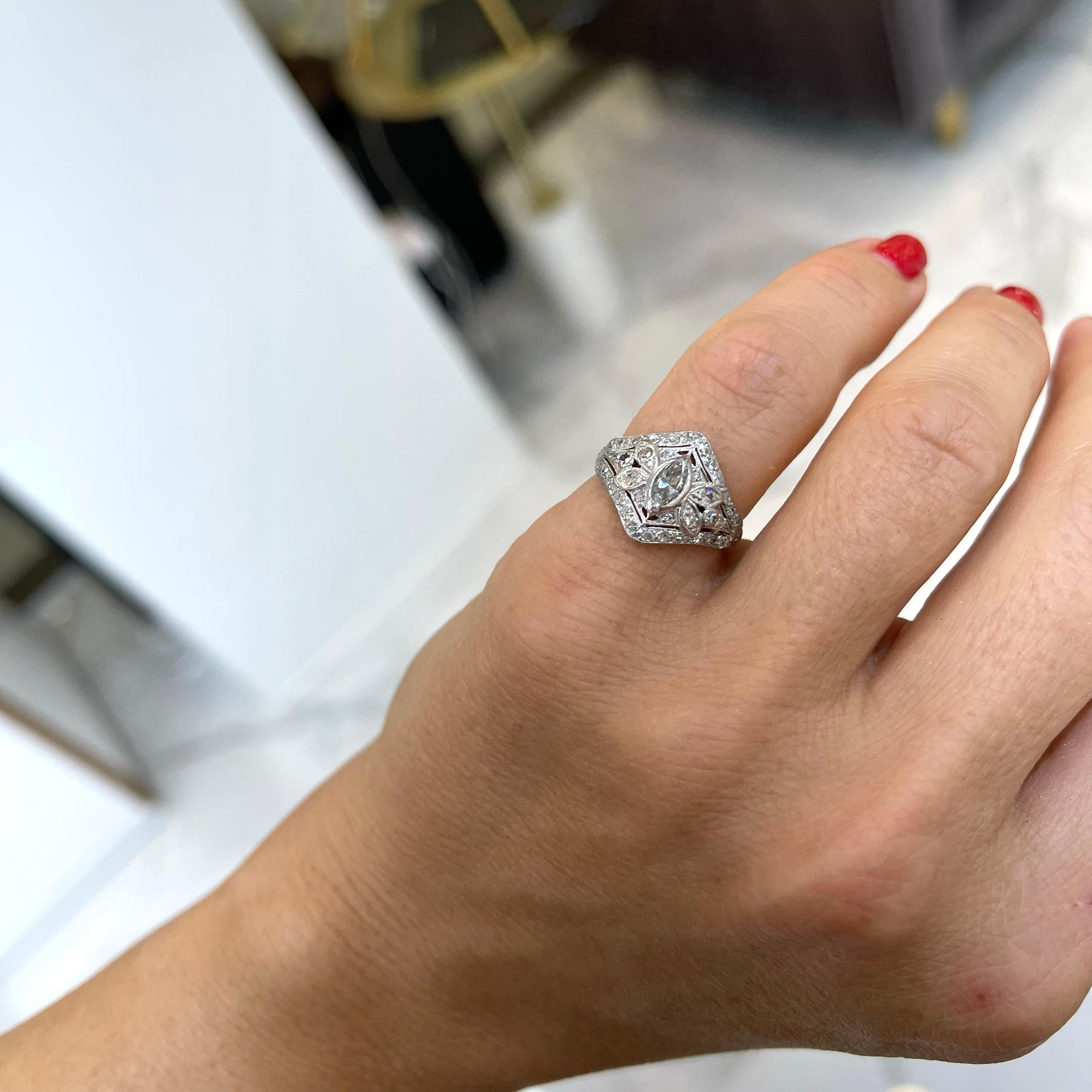 Ladies Antique Art Deco Platinum Filigreed Diamond Diamond Engagement Ring 2