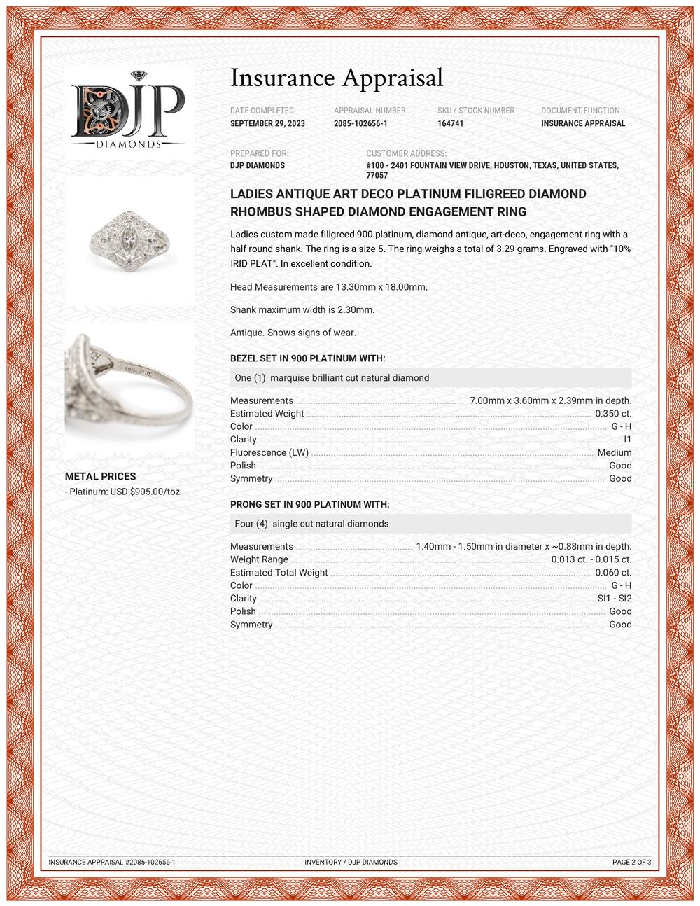 Ladies Antique Art Deco Platinum Filigreed Diamond Diamond Engagement Ring 3
