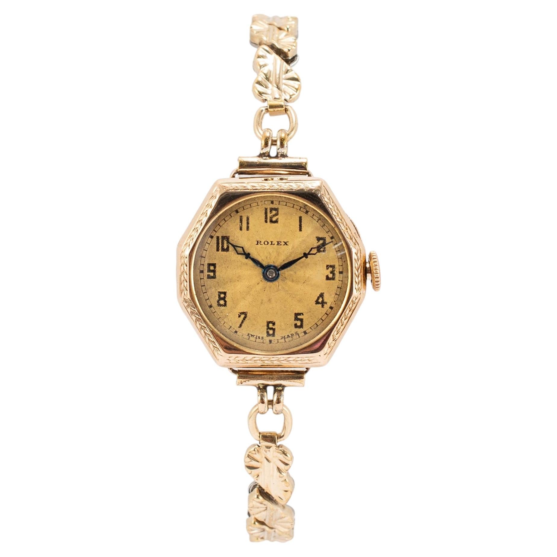 Ladies Antique Art Deco Rolex 9K Gold Telephone Dial Octagonal Manual Wind Watch