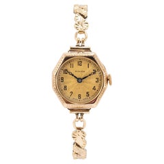 Ladies Antique Art Deco Rolex 9K Gold Telephone Dial Octagonal Manual Wind Watch