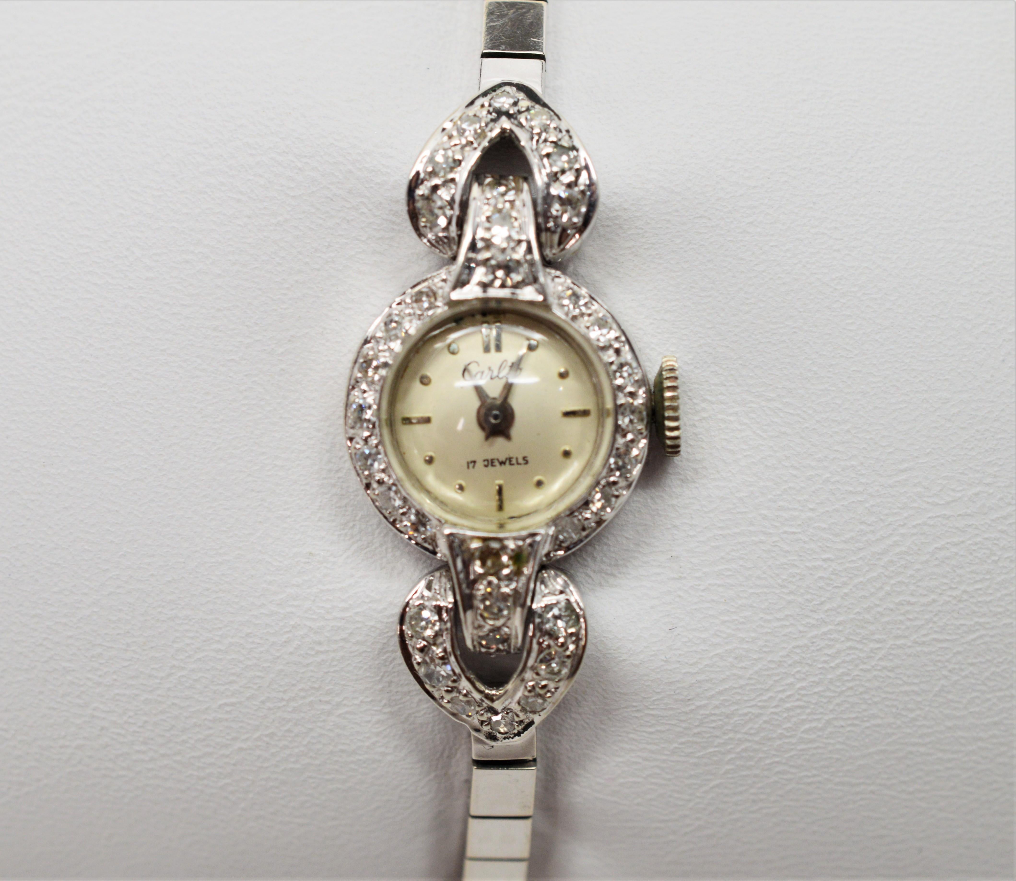 Ladies Antique Carlto White Gold Diamond Bracelet Wristwatch Bon état - En vente à Mount Kisco, NY