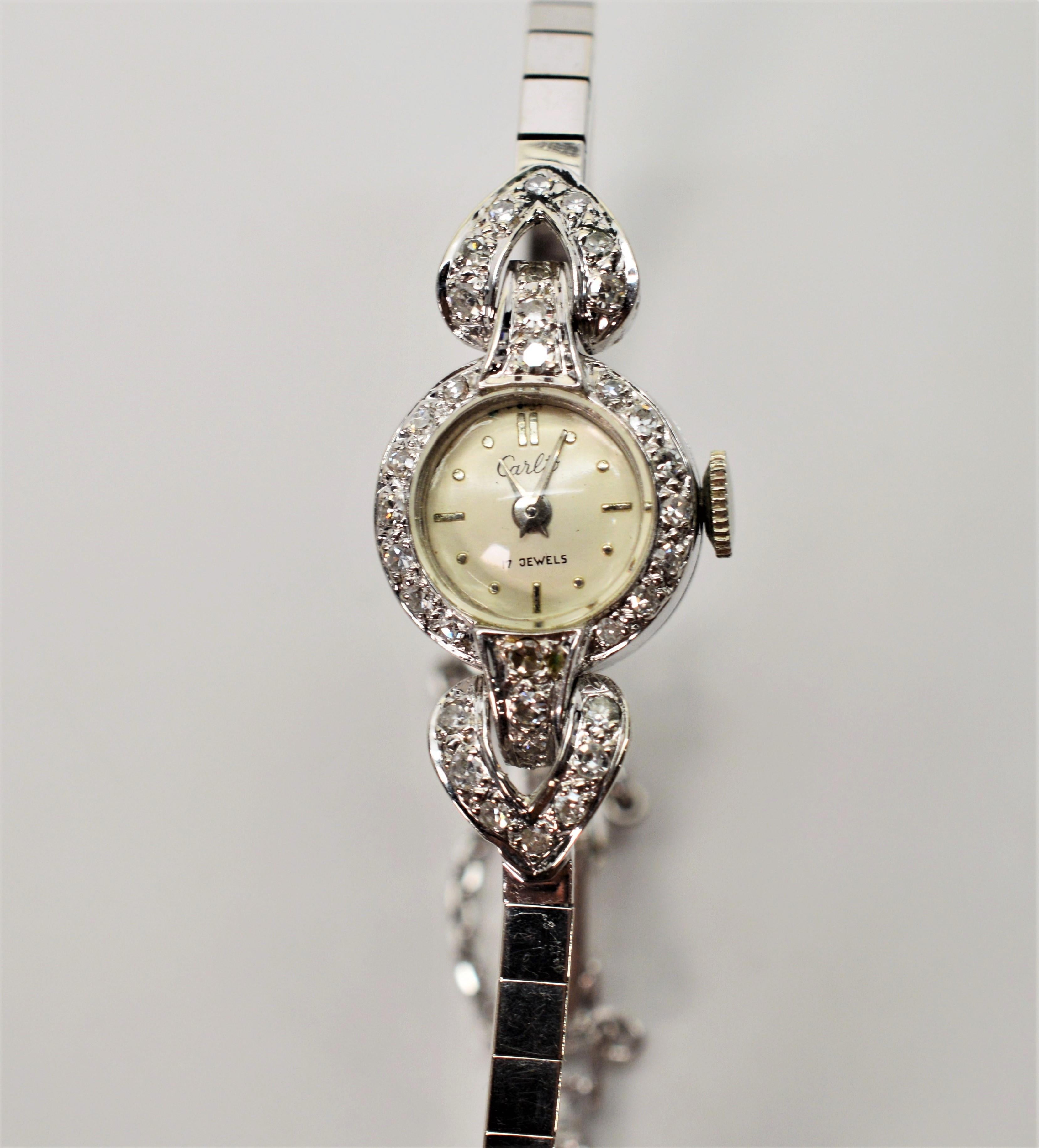 Damenarmbanduhr, antike Carlto Weißgold Diamant-Armbanduhr im Angebot 1