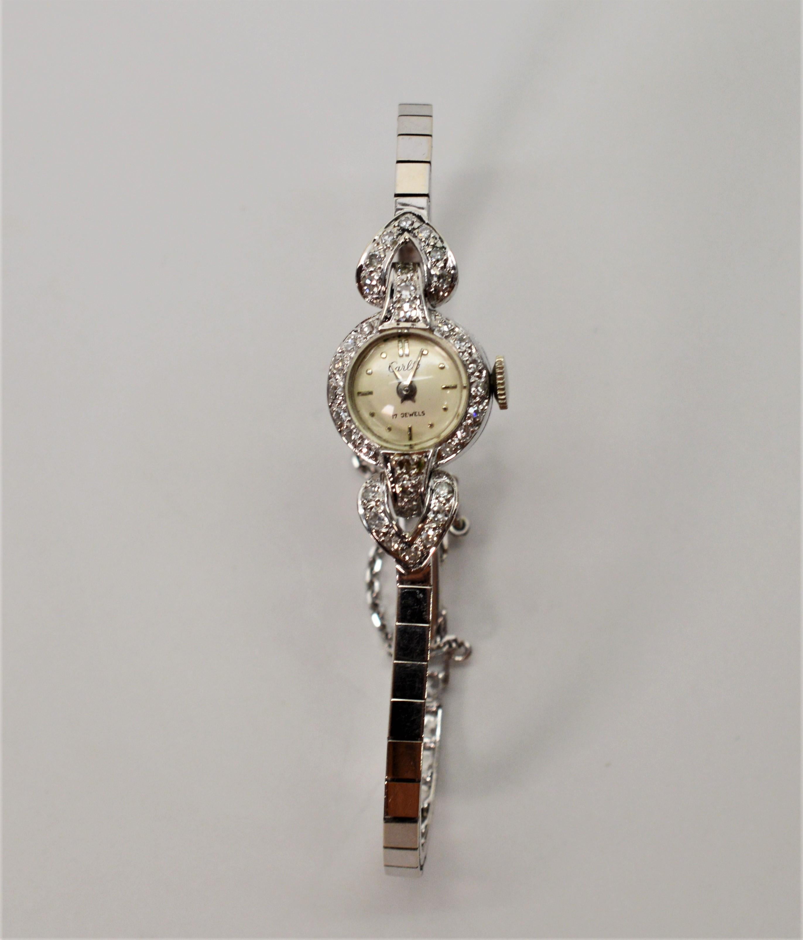 Damenarmbanduhr, antike Carlto Weißgold Diamant-Armbanduhr im Angebot 2