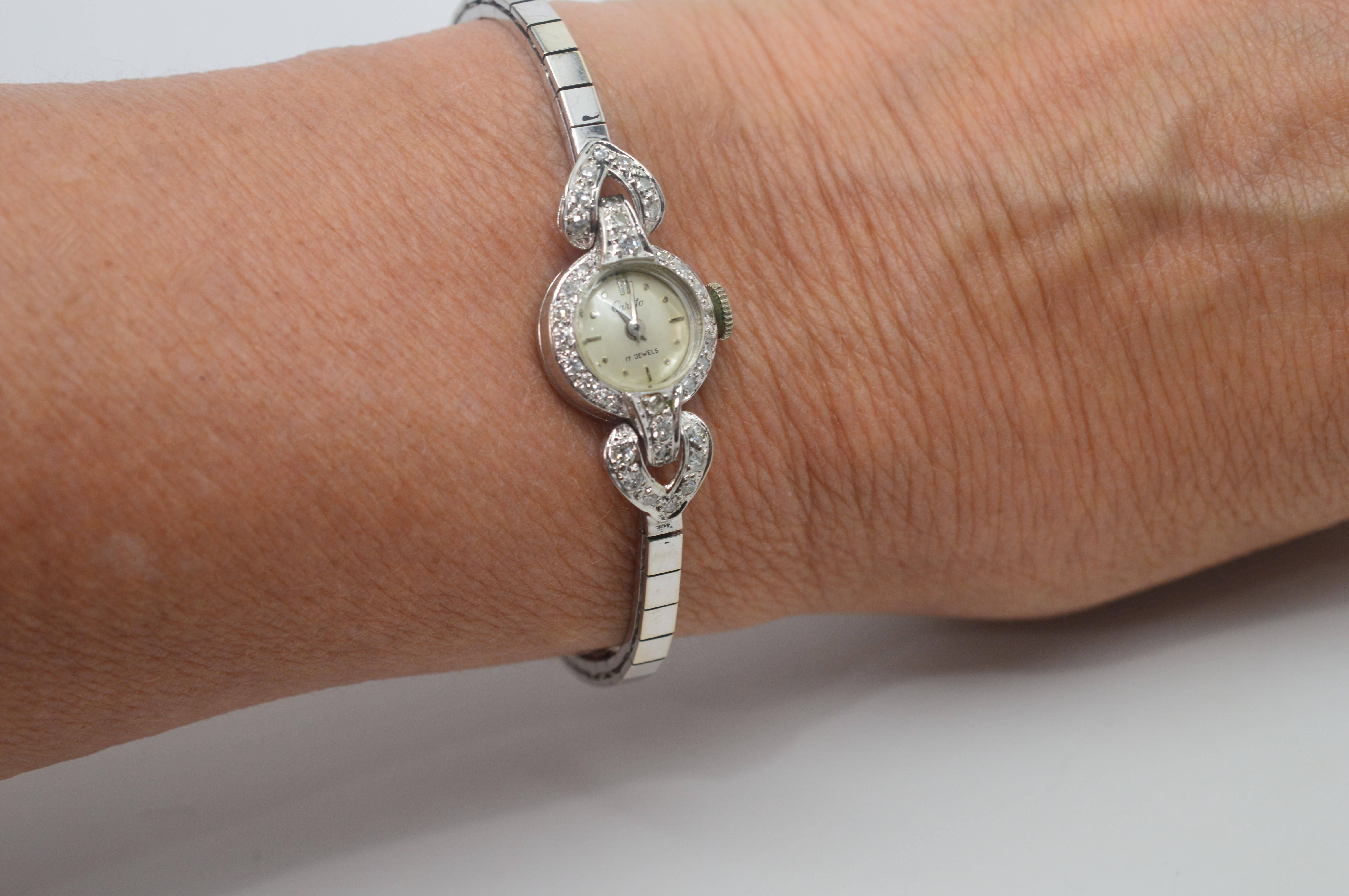 Ladies Antique Carlto White Gold Diamond Bracelet Wristwatch In Good Condition For Sale In Mount Kisco, NY
