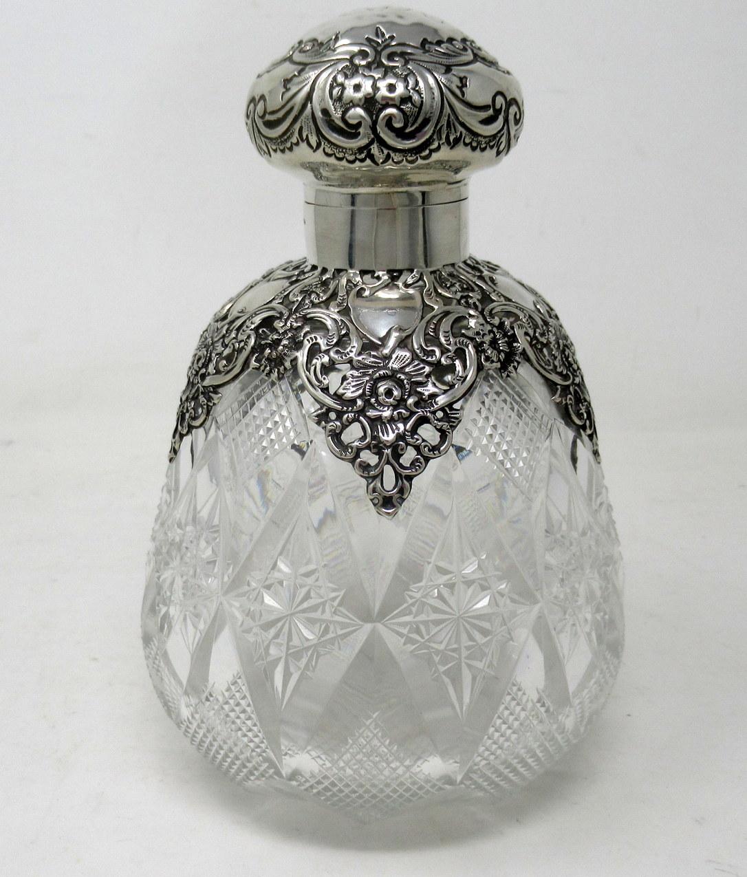 Victorian Ladies Antique English Cut Crystal Sterling Silver Scent Perfume Toilet Bottle