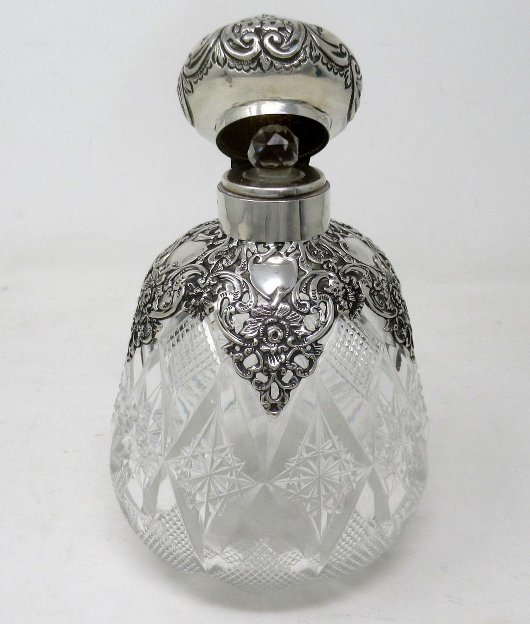 Hand-Carved Ladies Antique English Cut Crystal Sterling Silver Scent Perfume Toilet Bottle