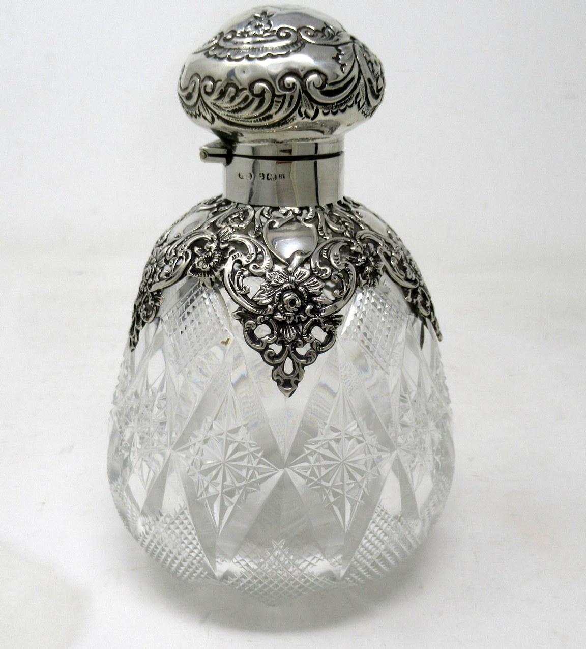 19th Century Ladies Antique English Cut Crystal Sterling Silver Scent Perfume Toilet Bottle