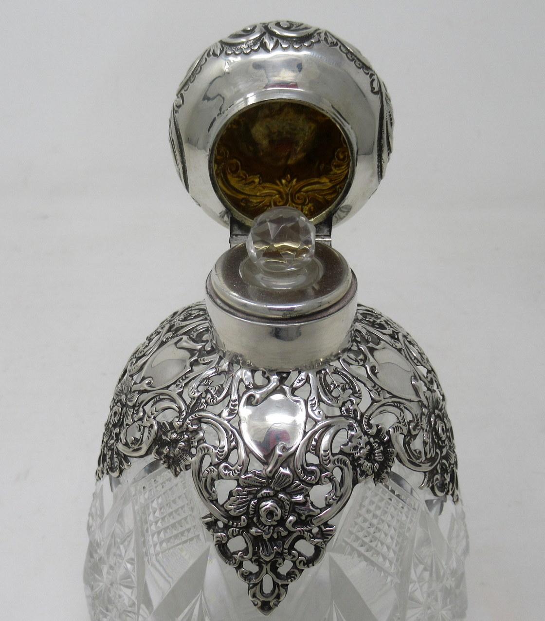 Ladies Antique English Cut Crystal Sterling Silver Scent Perfume Toilet Bottle 1