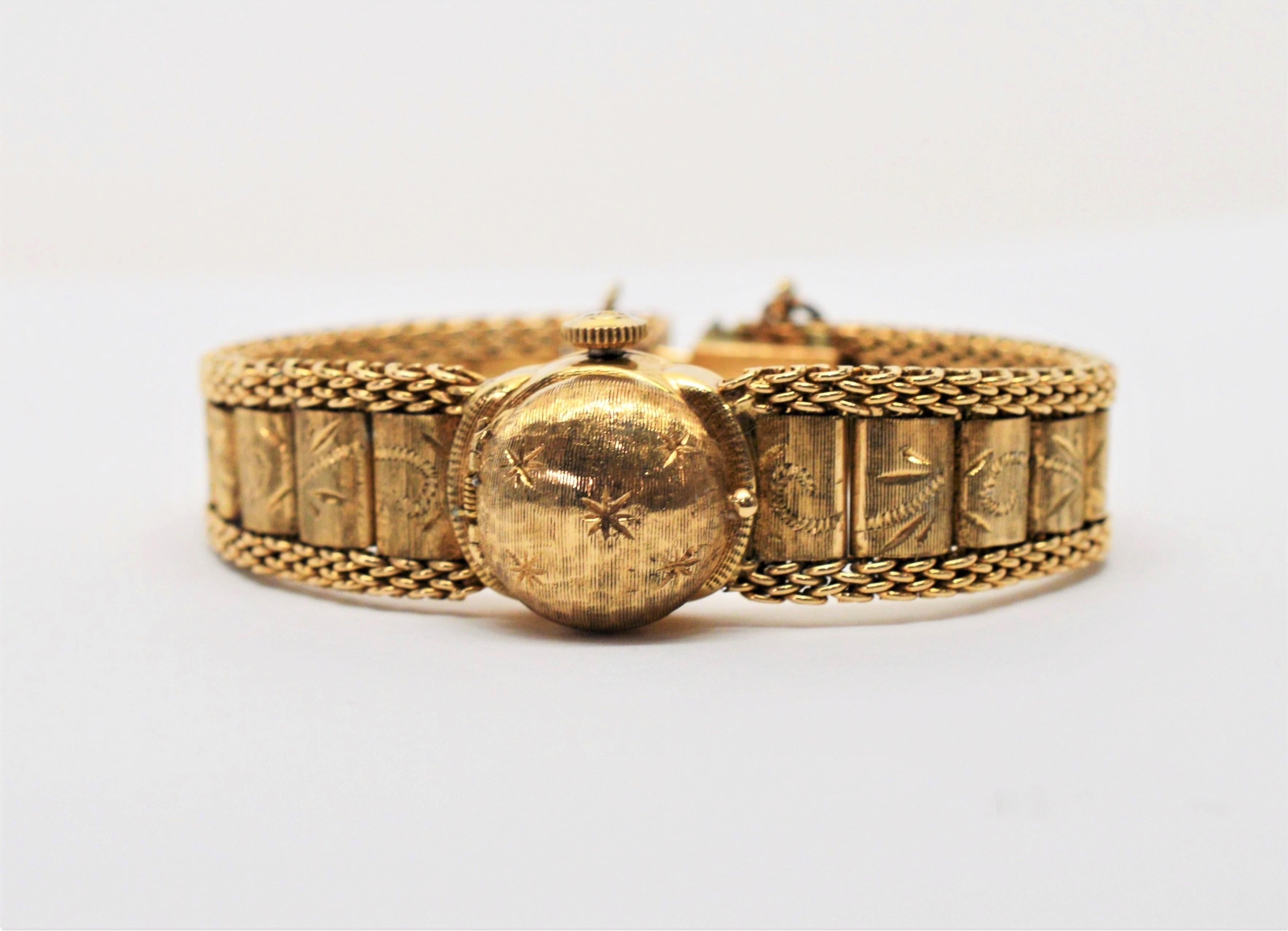 Ladies Antique Engraved 14 Karat Yellow Gold Swiss Watch Bracelet For Sale 5