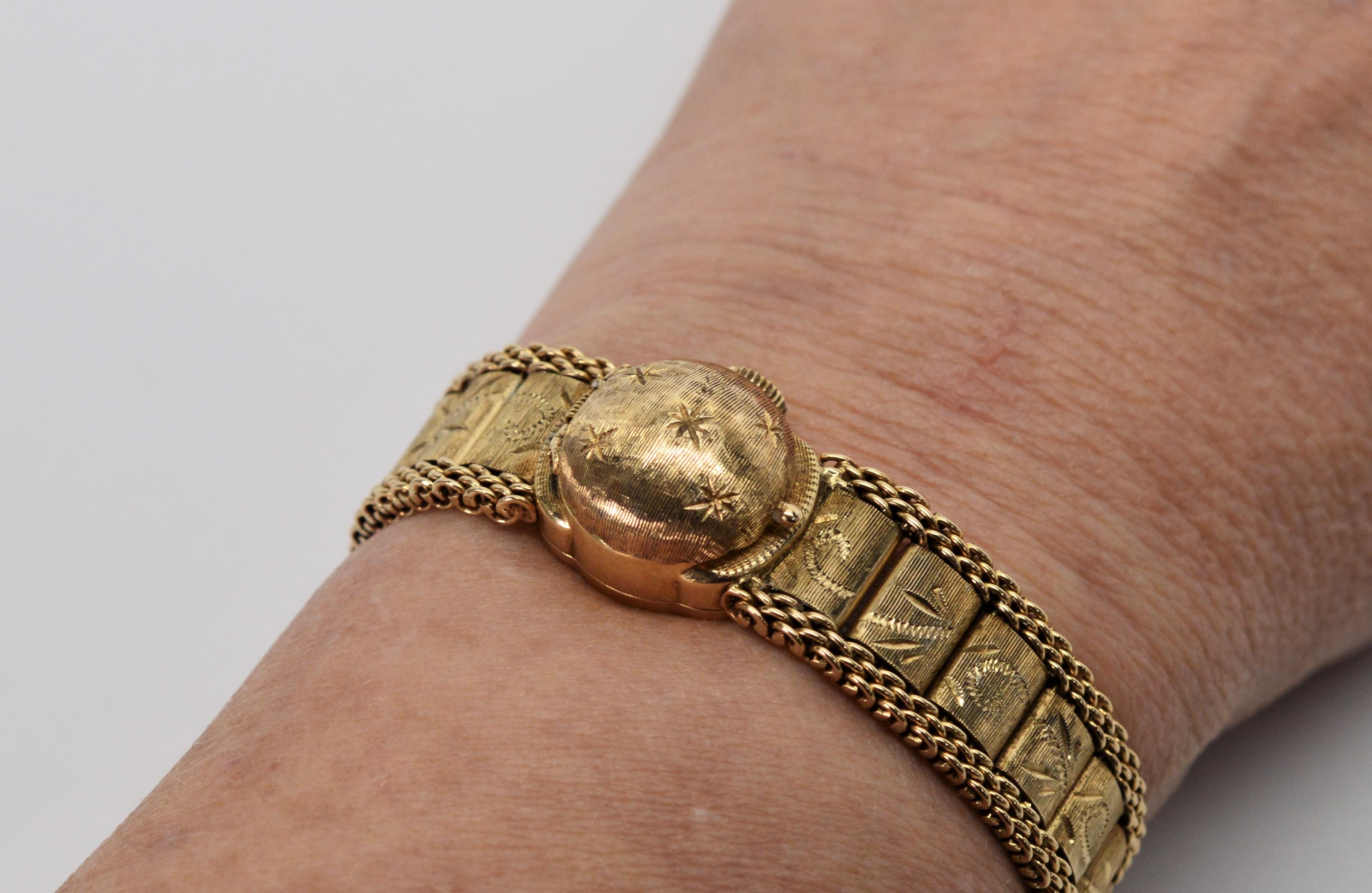Ladies Antique Engraved 14 Karat Yellow Gold Swiss Watch Bracelet For Sale 2