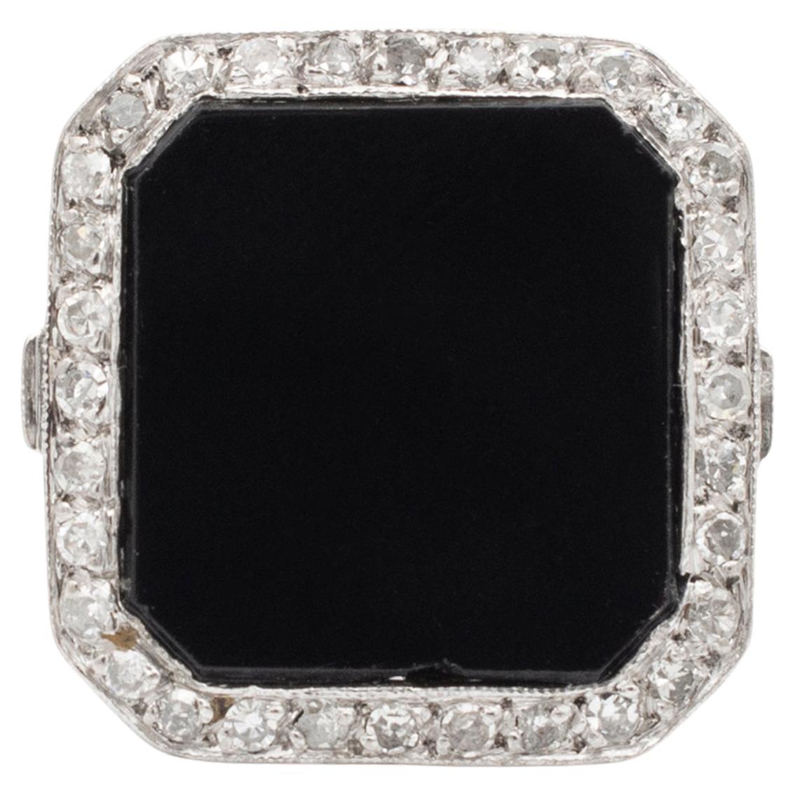 Ladies Antique Mixed Metals Silver Palladium Rhodium Square Onyx Diamond Ring For Sale