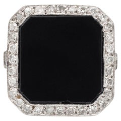 Ladies Vintage Mixed Metals Silver Palladium Rhodium Square Onyx Diamond Ring