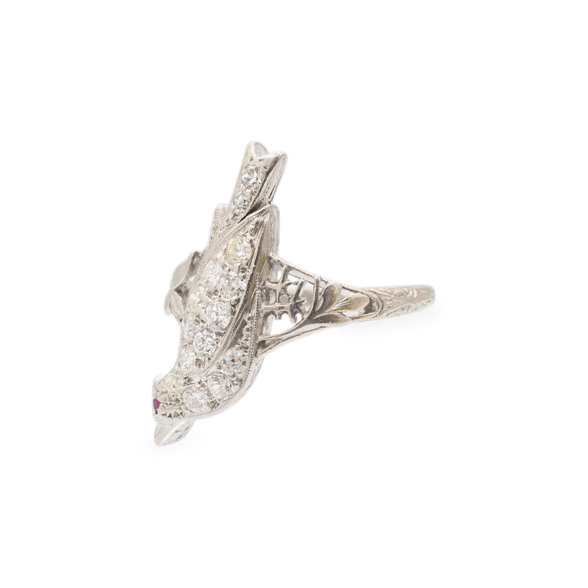 Brilliant Cut Ladies Antique Platinum Bird Diamond Ruby Cocktail Ring For Sale
