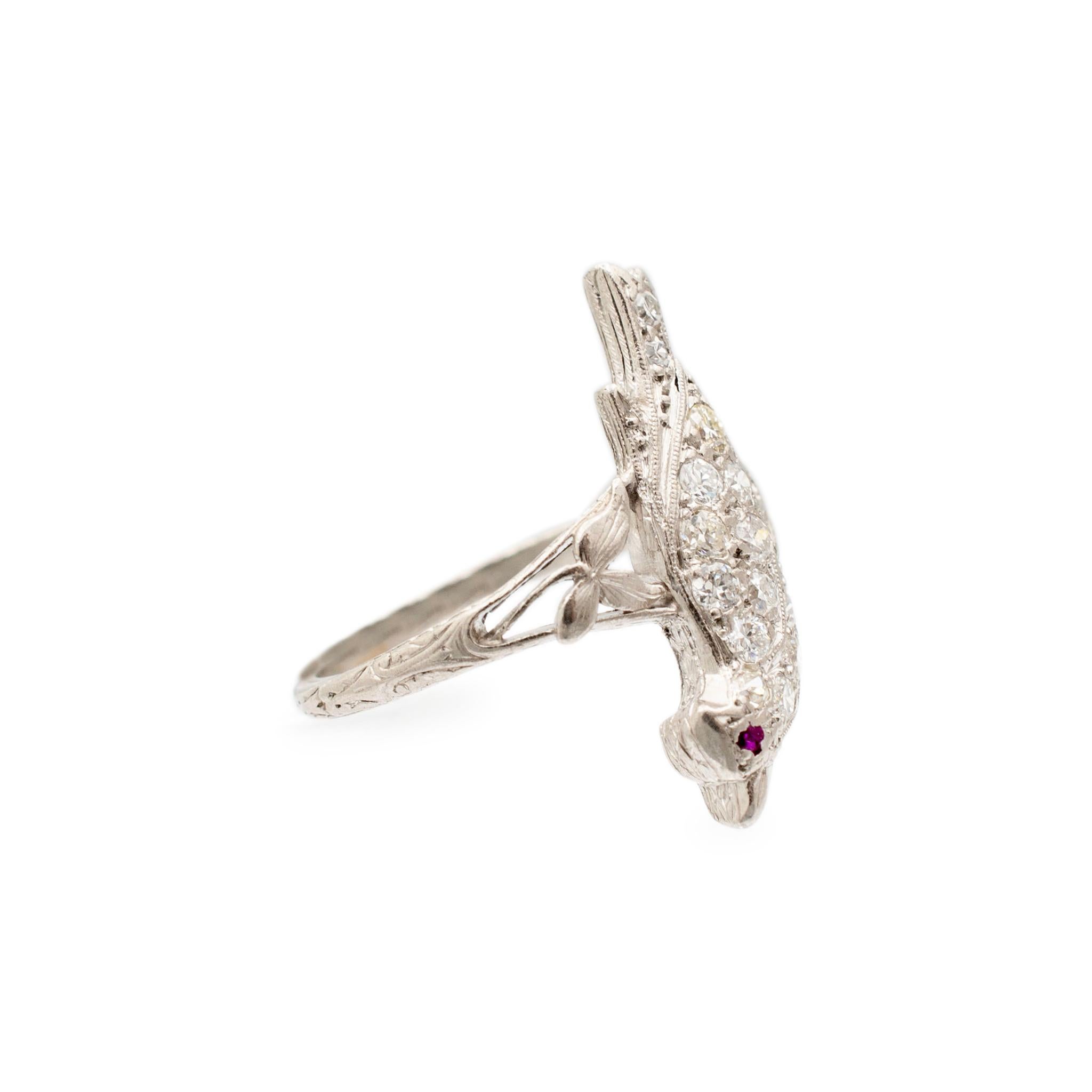 Ladies Antique Platinum Bird Diamond Ruby Cocktail Ring In Excellent Condition For Sale In Houston, TX