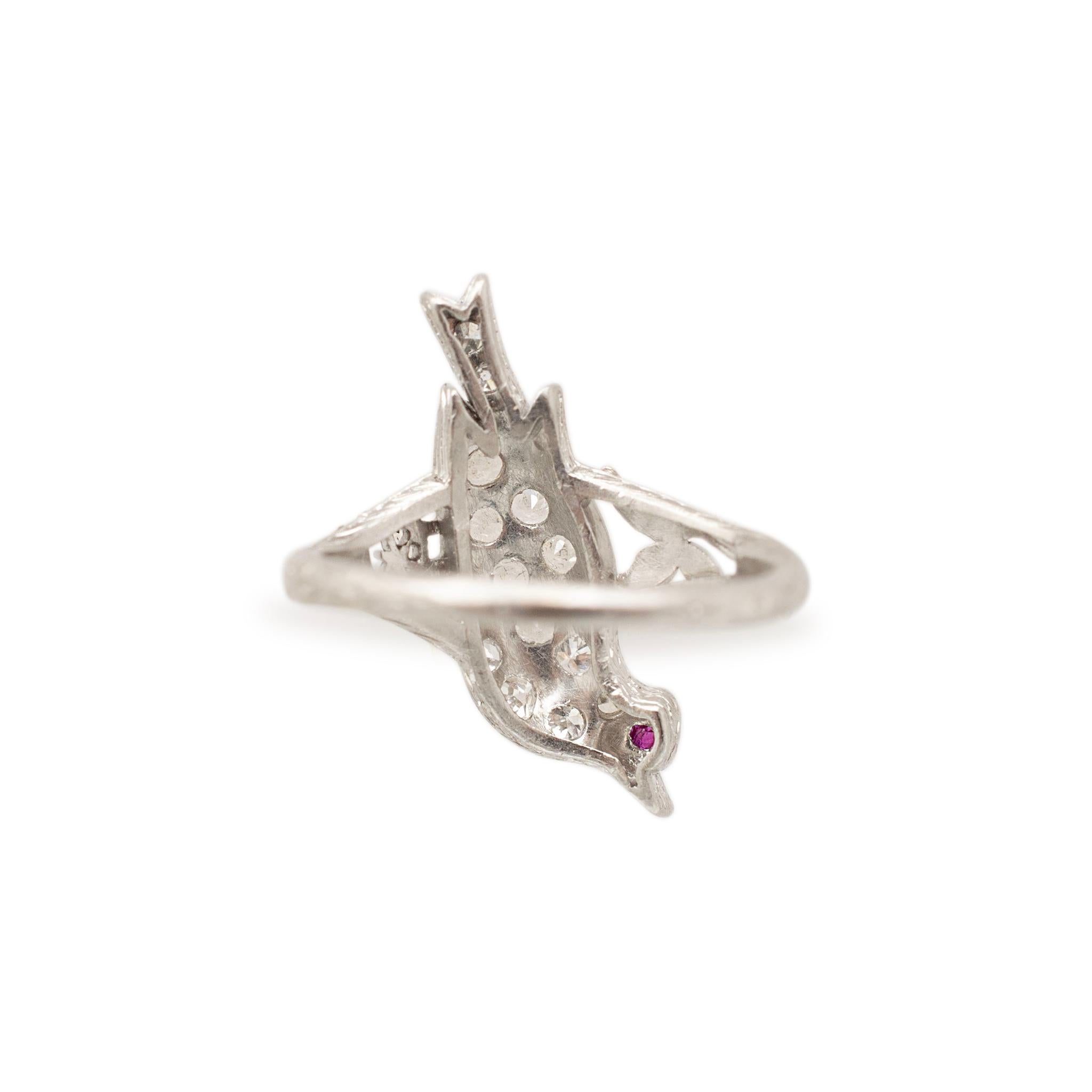 Women's Ladies Antique Platinum Bird Diamond Ruby Cocktail Ring For Sale
