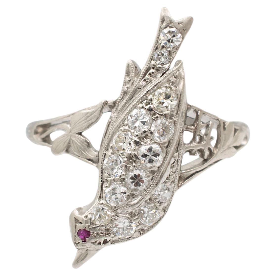 Ladies Antique Platinum Bird Diamond Ruby Cocktail Ring