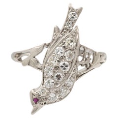 Ladies Vintage Platinum Bird Diamond Ruby Cocktail Ring