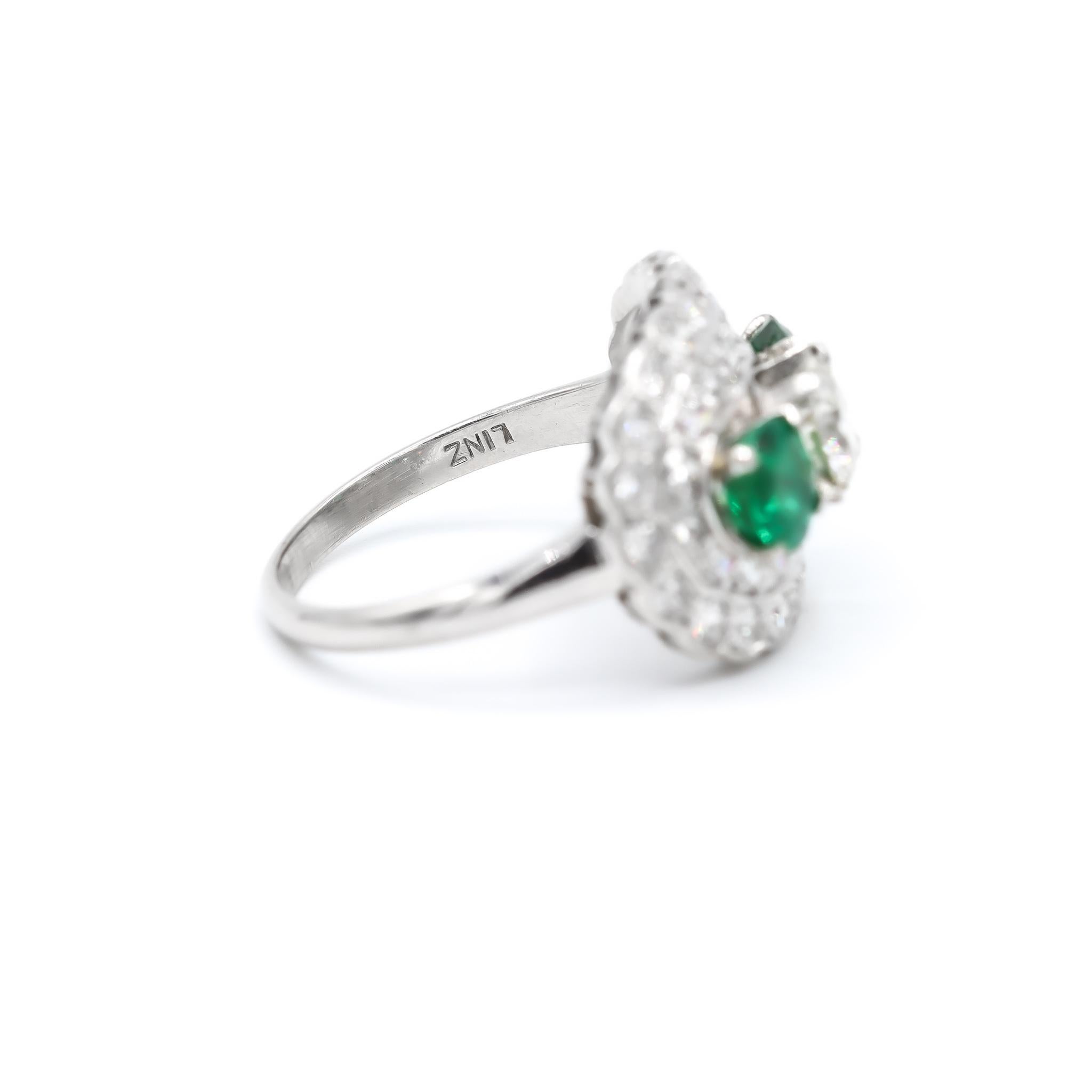 Ladies Antique Platinum Diamonds And Emeralds Ring In Excellent Condition In Houston, TX