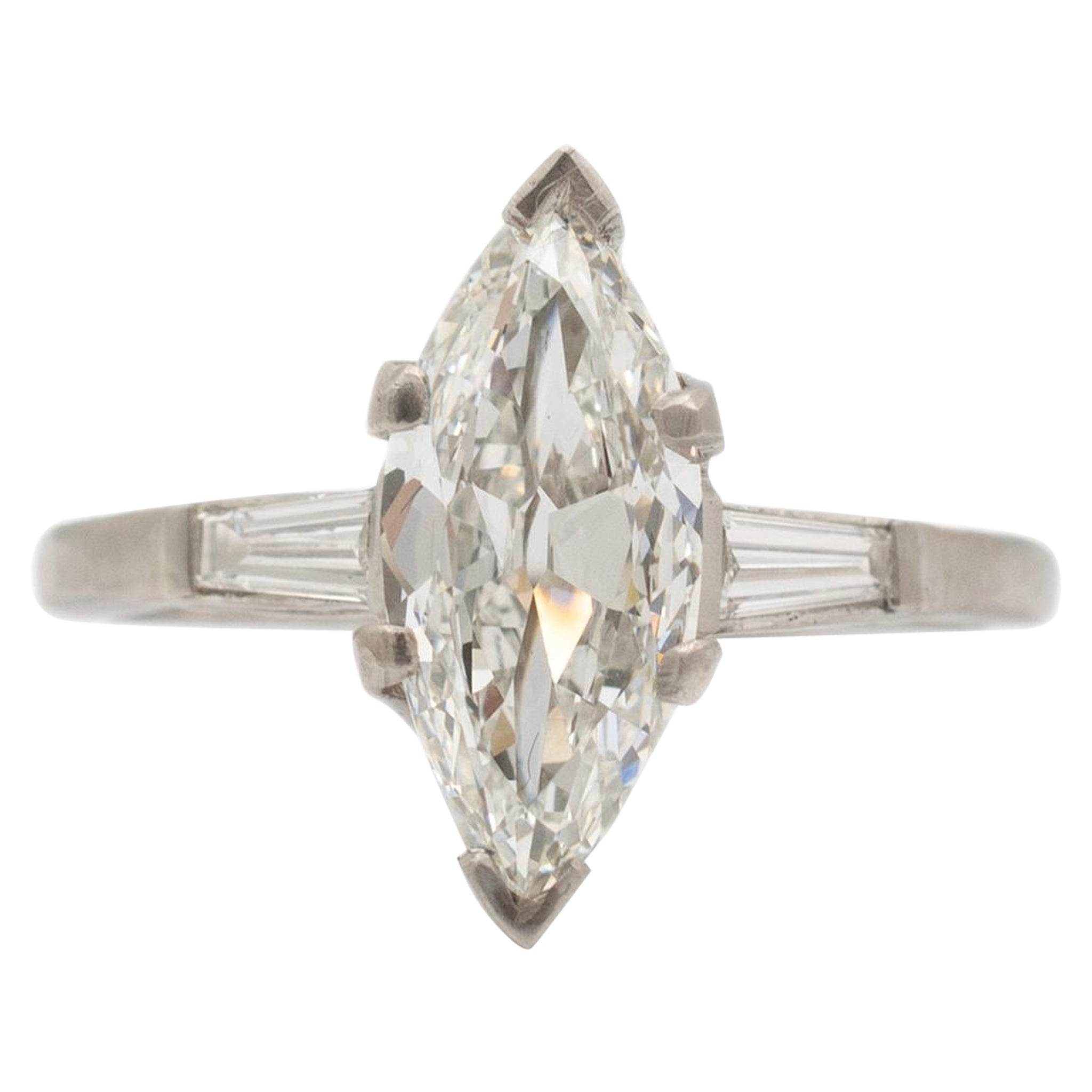 Damen-Verlobungsring aus antikem Platin Gia 1,46CT mit Marquise-Diamant im Altschliff