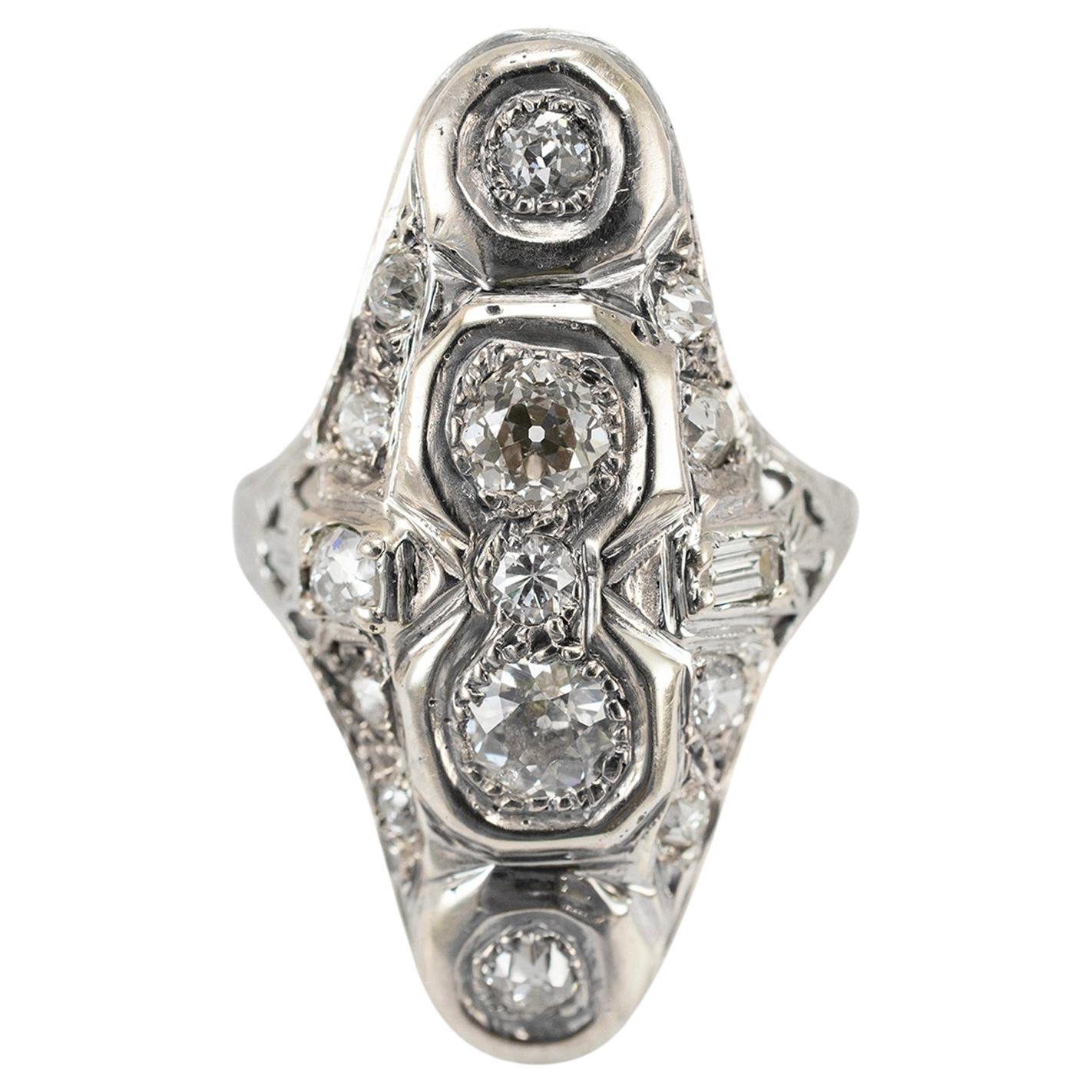 Ladies Antique White Gold Old European & Baguette Diamond Cocktail Ring