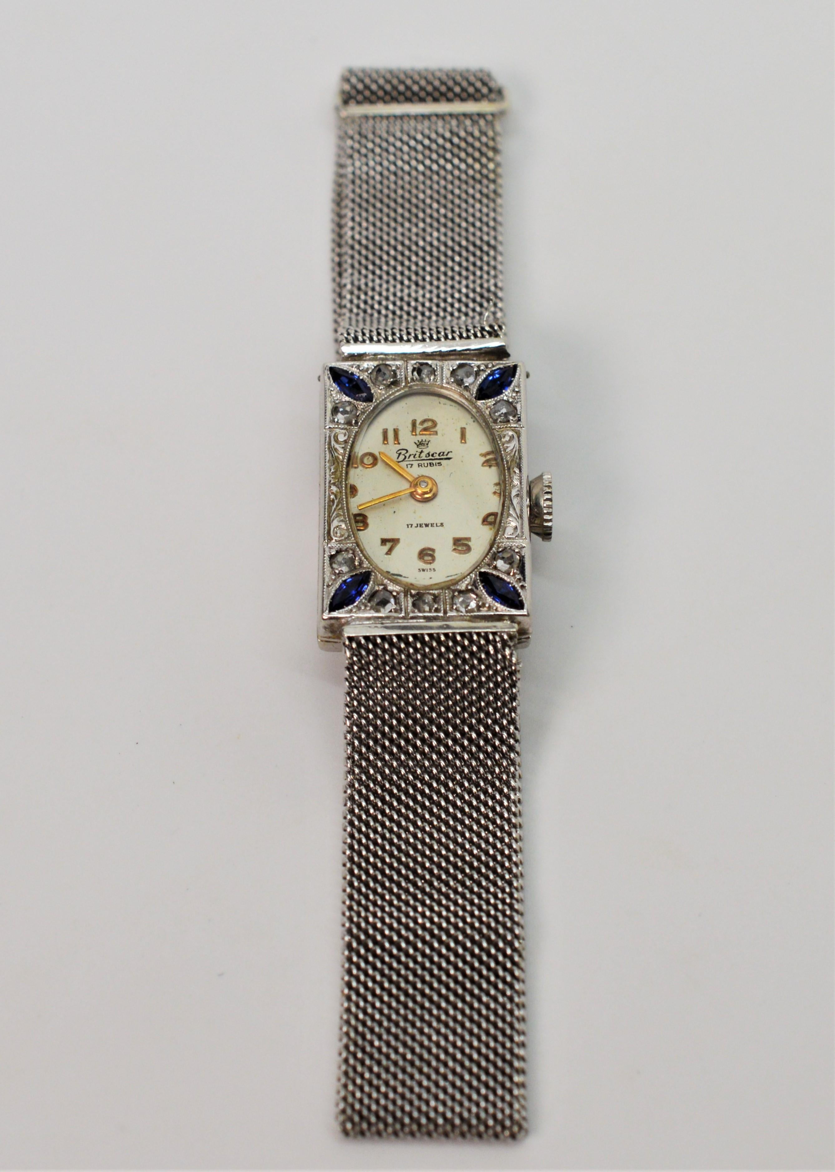 Ladies Art Deco Diamond Sapphire White Gold Wristwatch 3