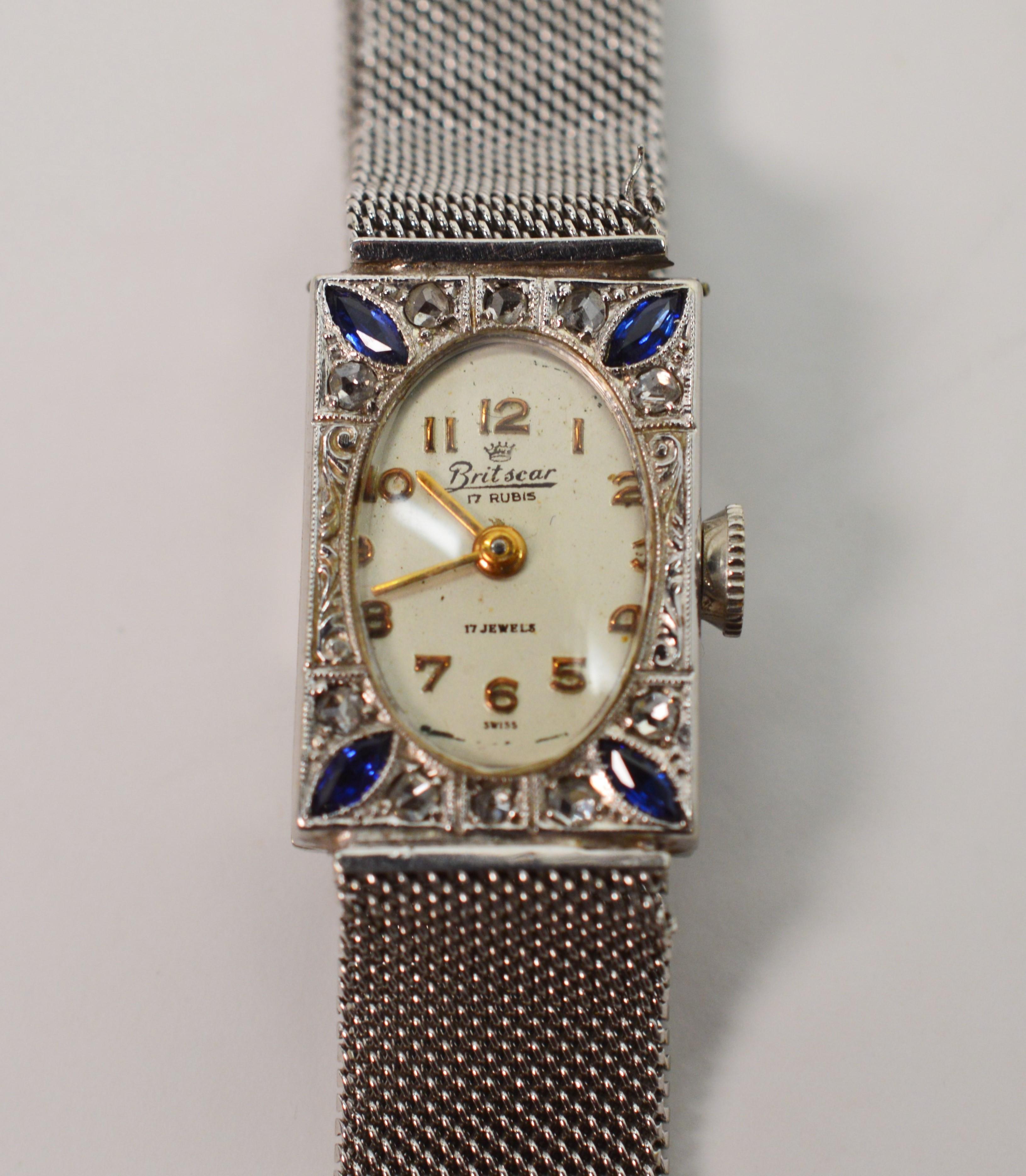 Ladies Art Deco Diamond Sapphire White Gold Wristwatch 4