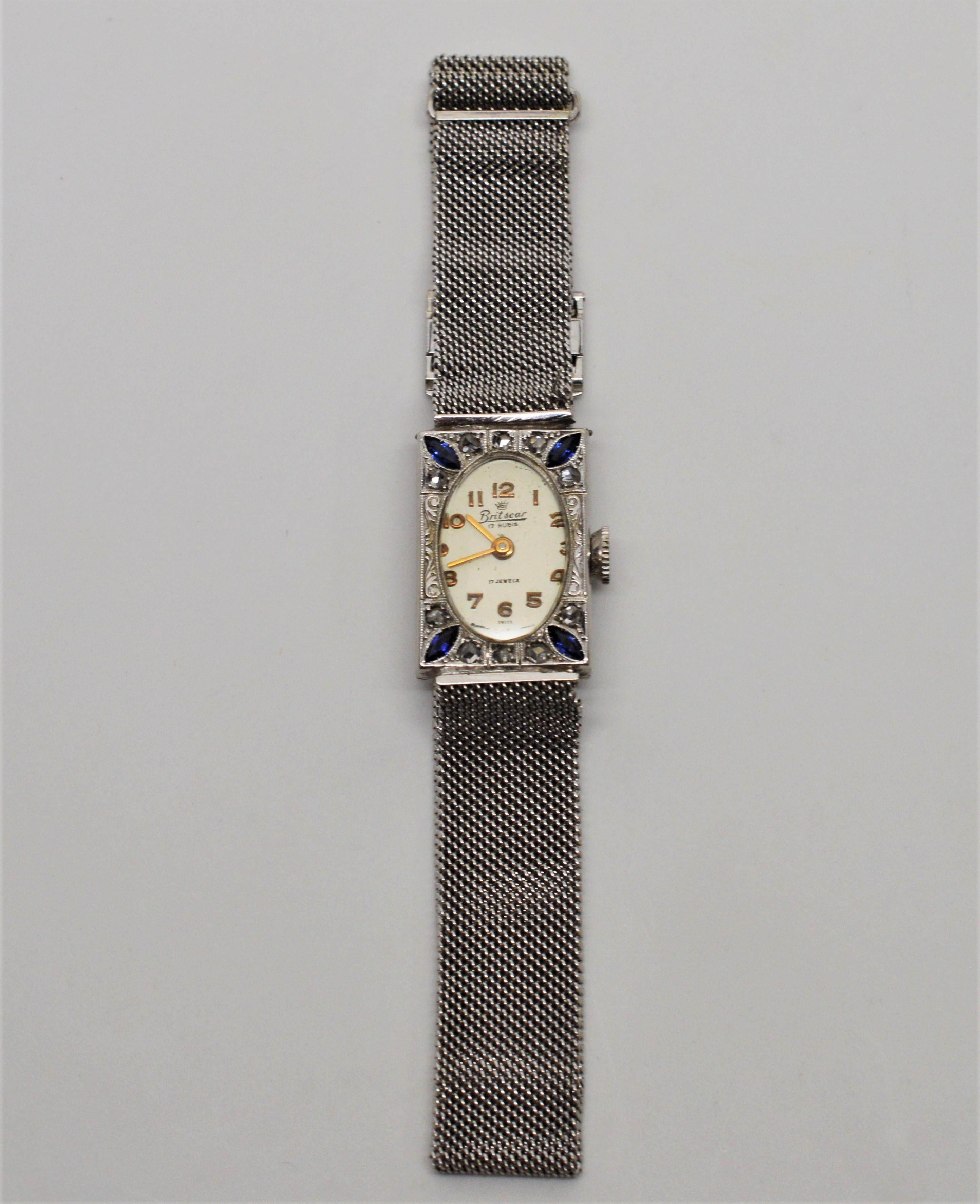 Ladies Art Deco Diamond Sapphire White Gold Wristwatch 5