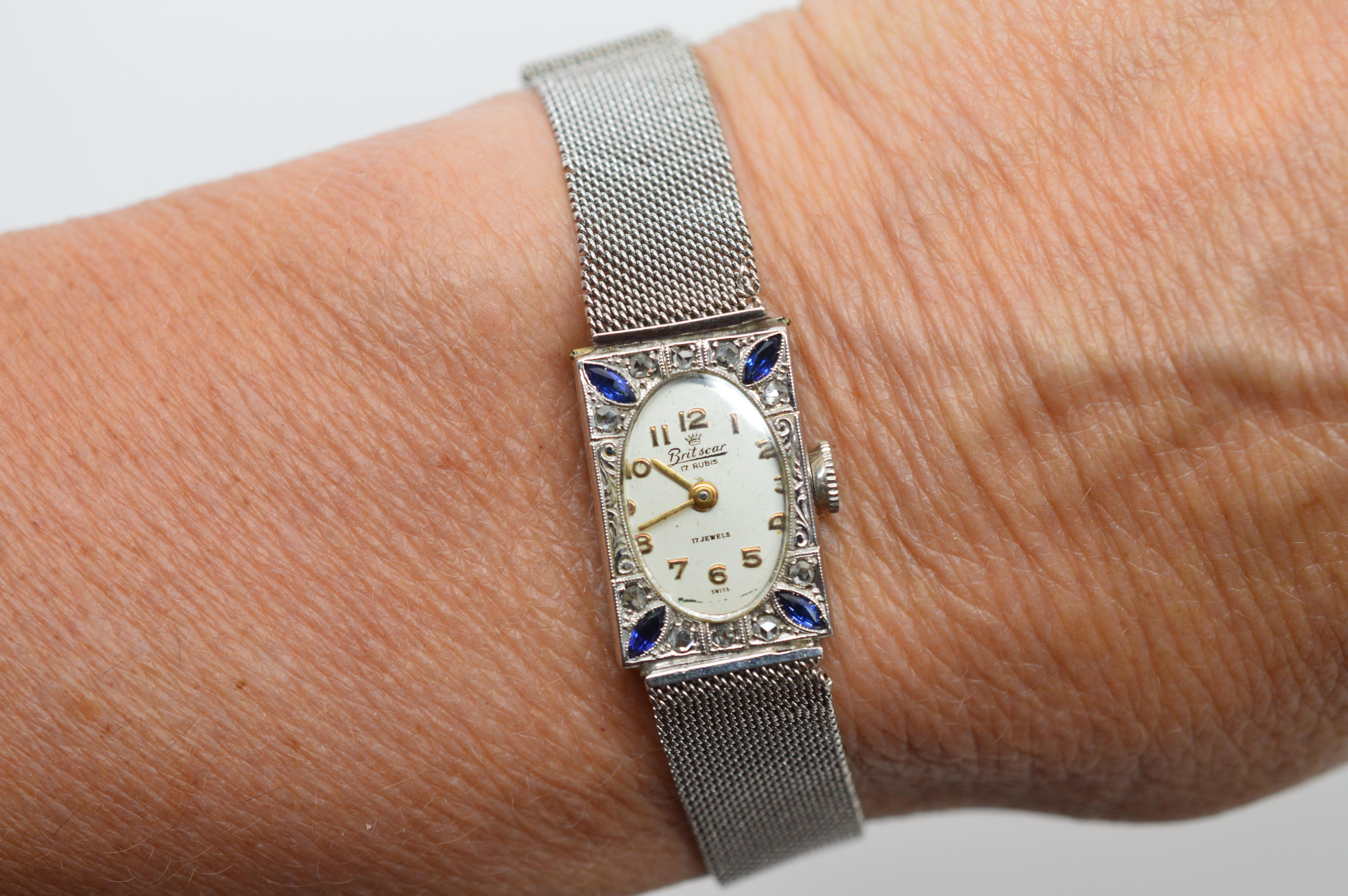Ladies Art Deco Diamond Sapphire White Gold Wristwatch In Good Condition In Mount Kisco, NY