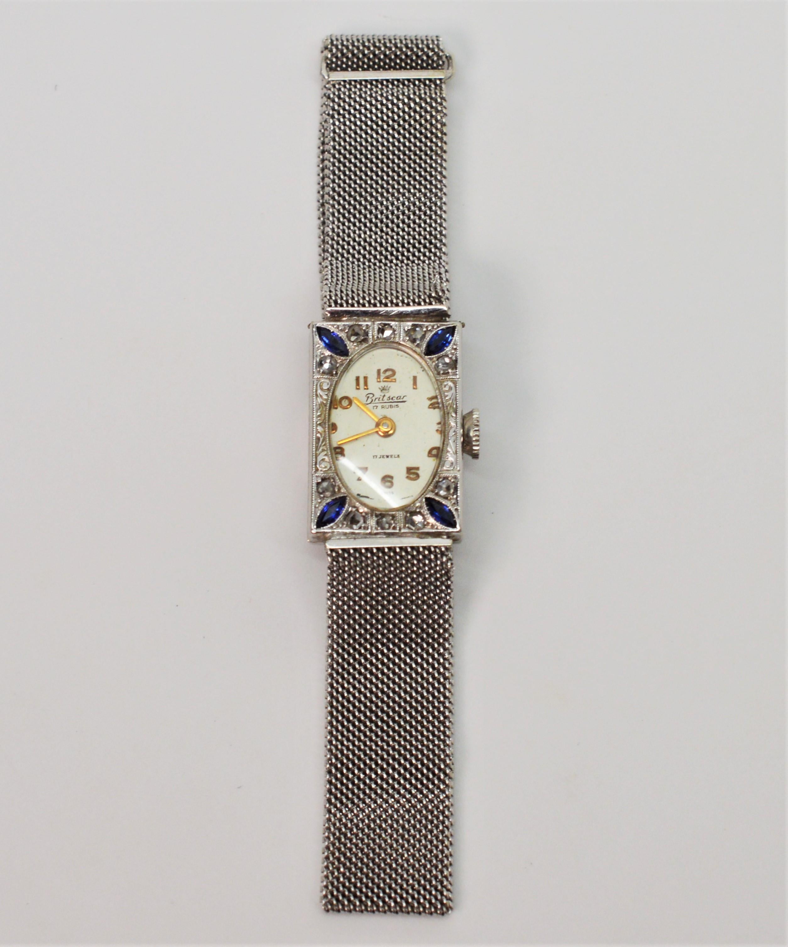 Ladies Art Deco Diamond Sapphire White Gold Wristwatch 1