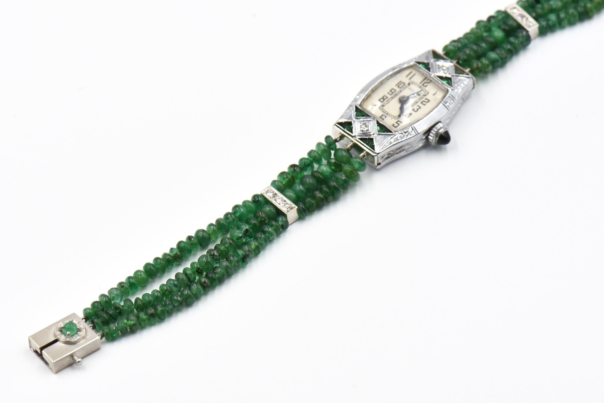 Ladies Art Deco Emerald, Diamond and White Gold Bulova Beaded Dress Watch 6