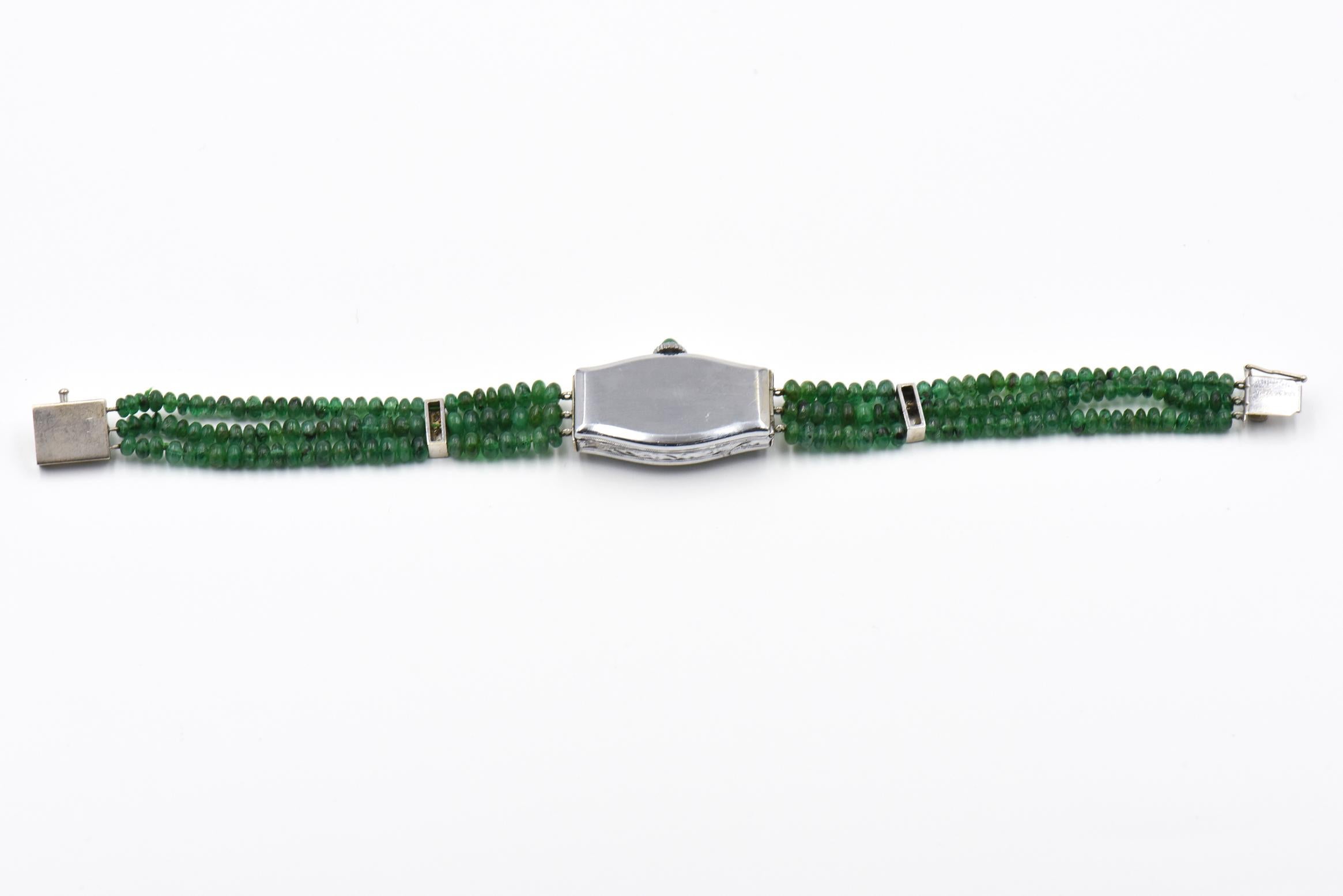 Ladies Art Deco Emerald, Diamond and White Gold Bulova Beaded Dress Watch 1
