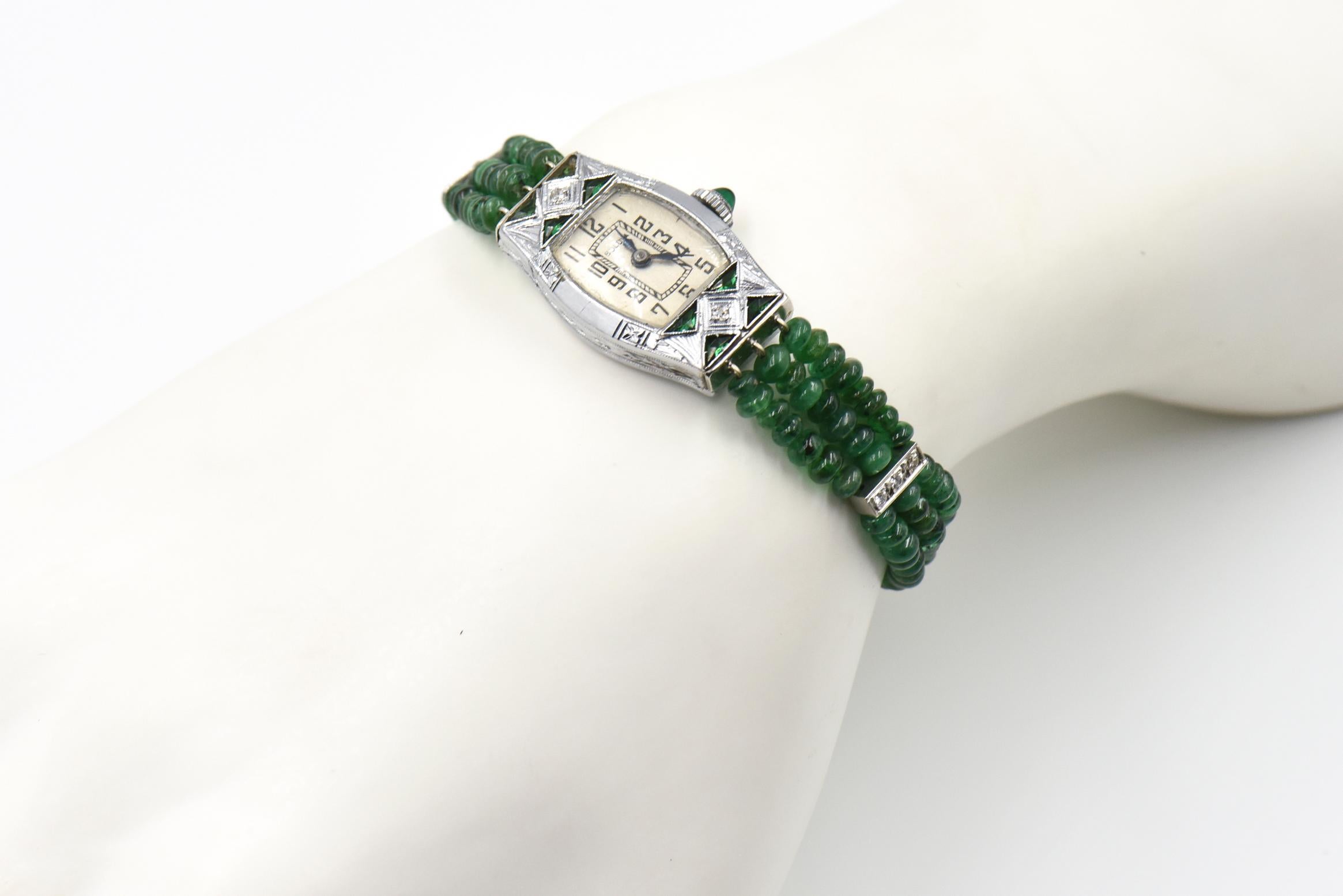 Ladies Art Deco Emerald, Diamond and White Gold Bulova Beaded Dress Watch 4