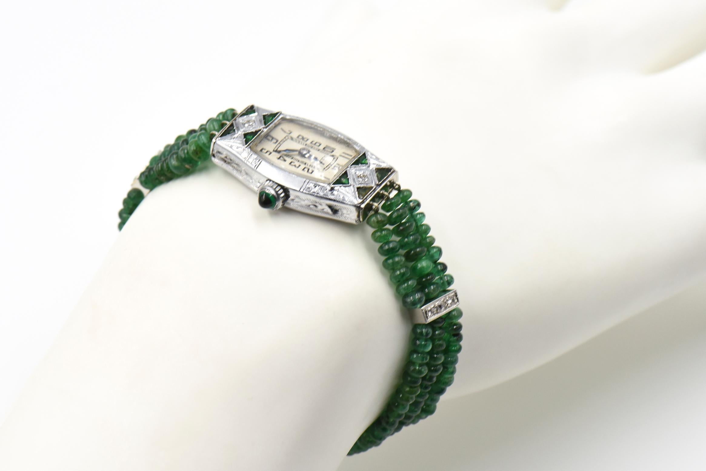 Ladies Art Deco Emerald, Diamond and White Gold Bulova Beaded Dress Watch 5