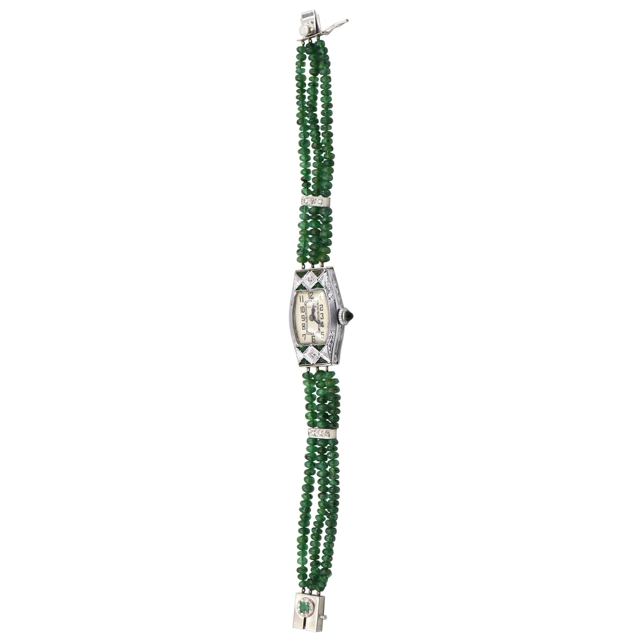 Ladies Art Deco Emerald, Diamond and White Gold Bulova Beaded Dress Watch