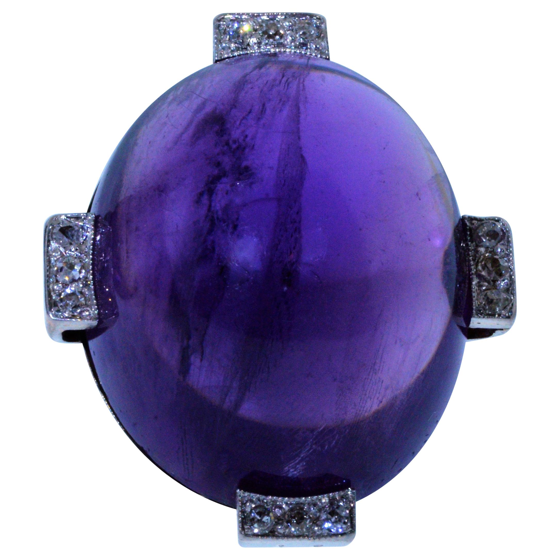 Ladies Art Deco Platinum and Diamond Ring Set with Cabochon Siberian Amethyst For Sale