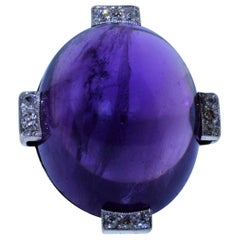 Ladies Art Deco Platinum and Diamond Ring Set with Cabochon Siberian Amethyst