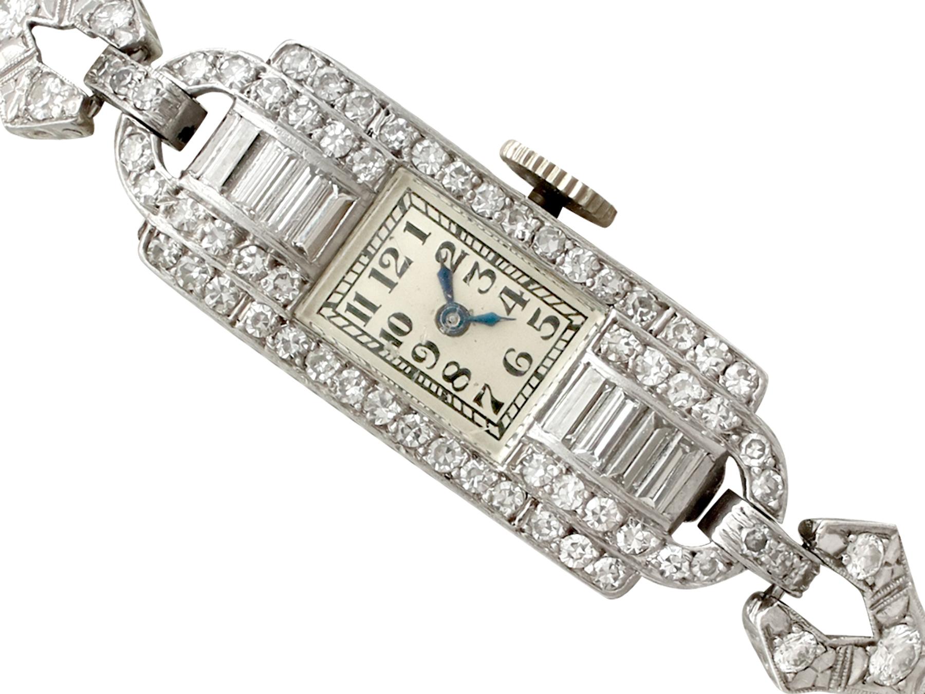 A stunning, fine and impressive antique 2.24 carat diamond and platinum Art Deco cocktail watch; part of our antique watch and diamond jewelry collections

This stunning antique diamond cocktail watch has been crafted in platinum.

This ladies