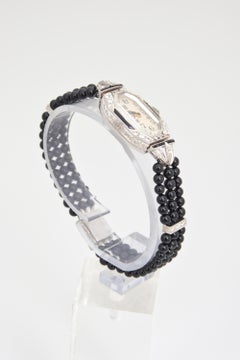Ladies Art Deco Platinum Diamond Onyx Wrist Watch