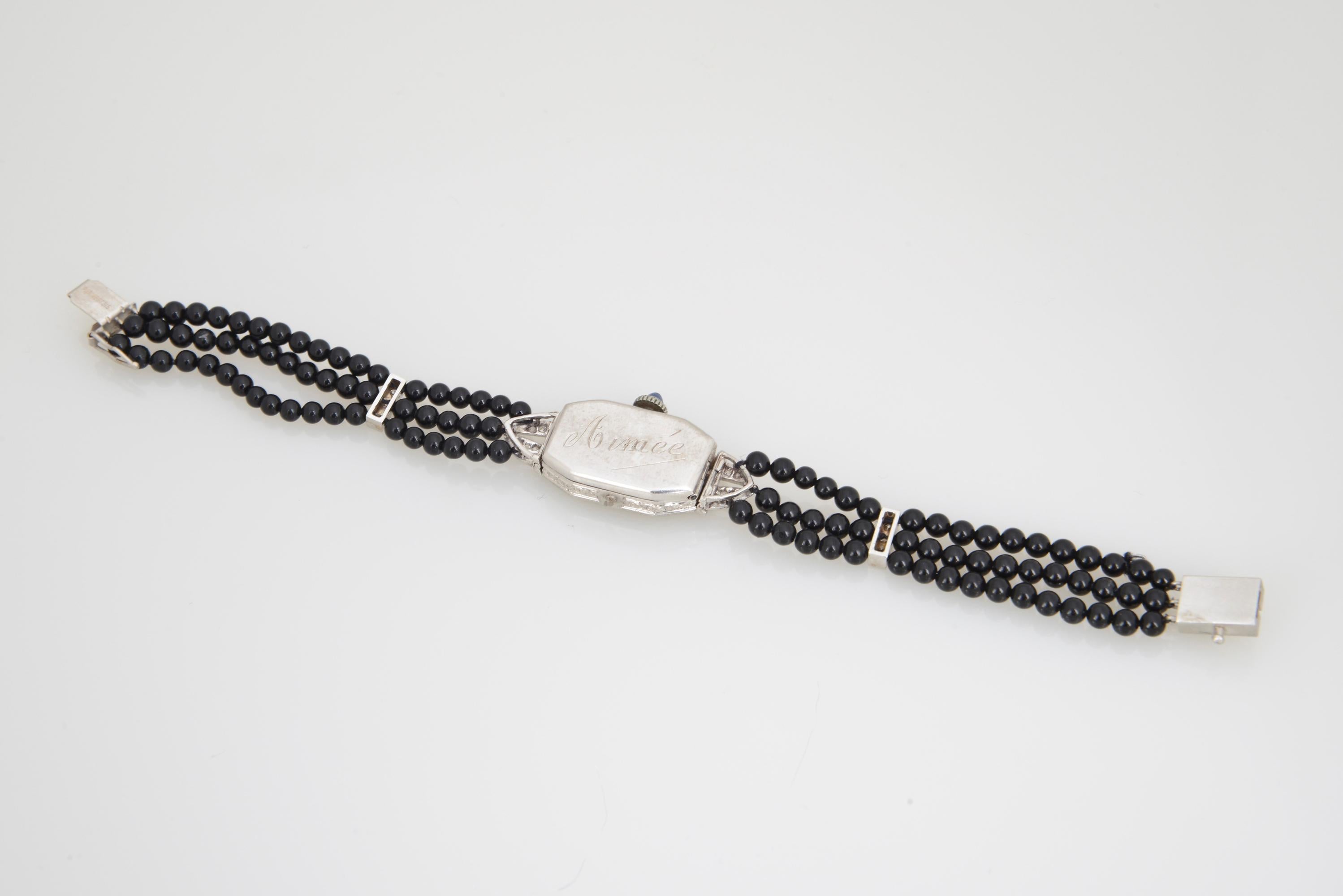 Ladies Art Deco Platinum Diamond Onyx Wrist Watch In Good Condition For Sale In Miami Beach, FL