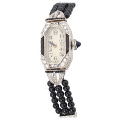 Vintage Ladies Art Deco Platinum Diamond Onyx Wrist Watch