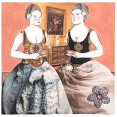 "Ladies at Tea" Mixed-Media Tile by Pauline Hughes