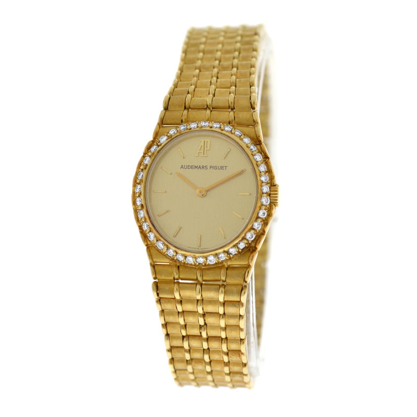 Modern Ladies Audemars Piguet Royal Oak 18 Karat Yellow Gold Diamond Quartz Watch For Sale
