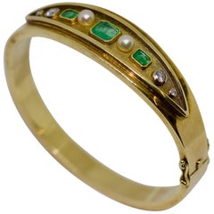 Vintage Ladies Bangle, 14 Karat Gold, with Emeralds, Diamonds and Pearls