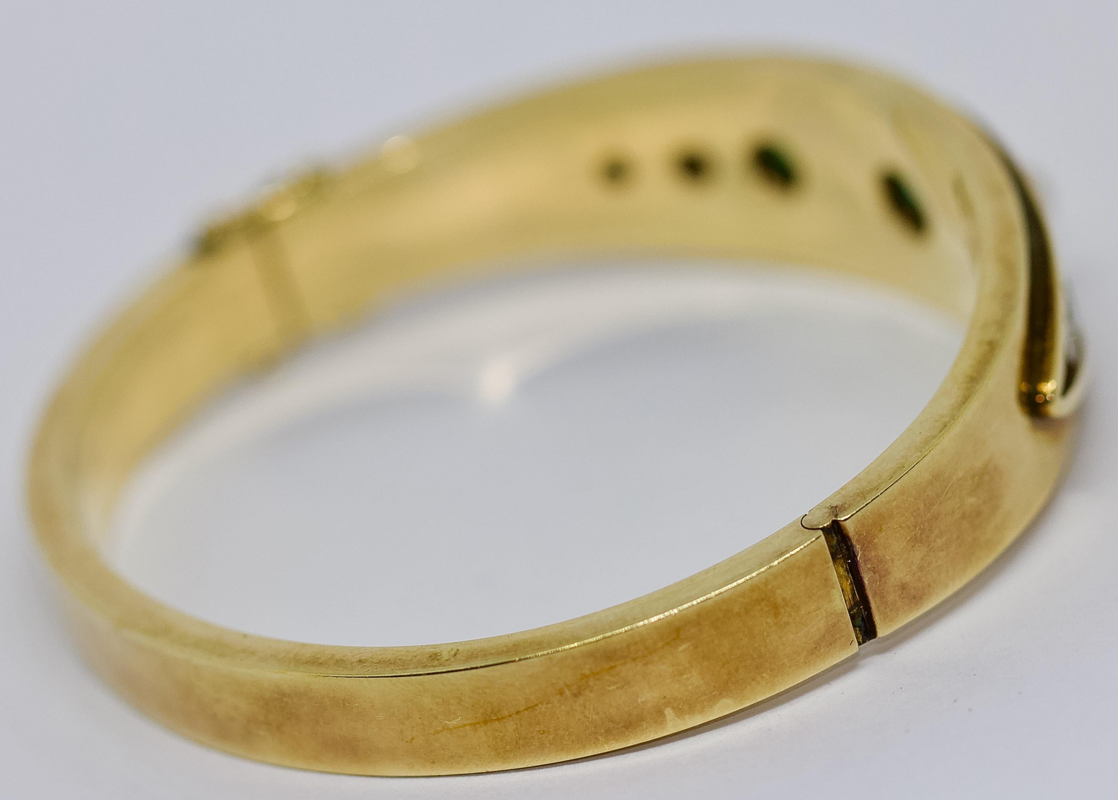 Ladies Bangle, 14 Karat Gold, with Emeralds, Diamonds and Pearls For Sale 1