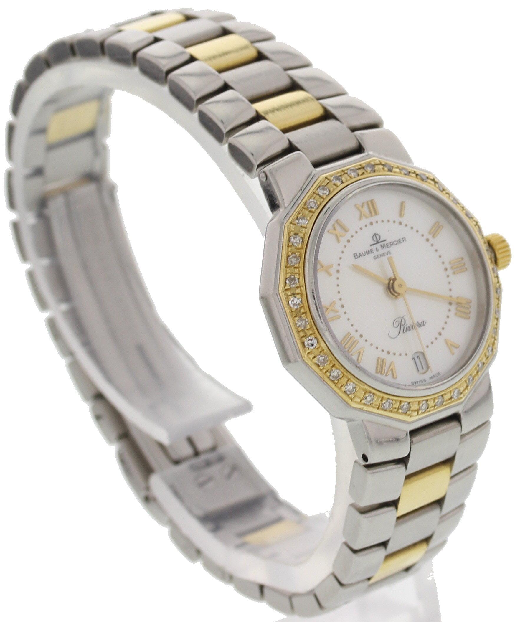 Ladies Baume & Mercier Riviera. 25 mm stainless steel case. 18k yellow gold and diamond bezel. Mother of pearl dial with gold hands and Roman numerals. 18k yellow gold and stainless steel bracelet with folding clasp; will fit up to a 6 inch wrist.