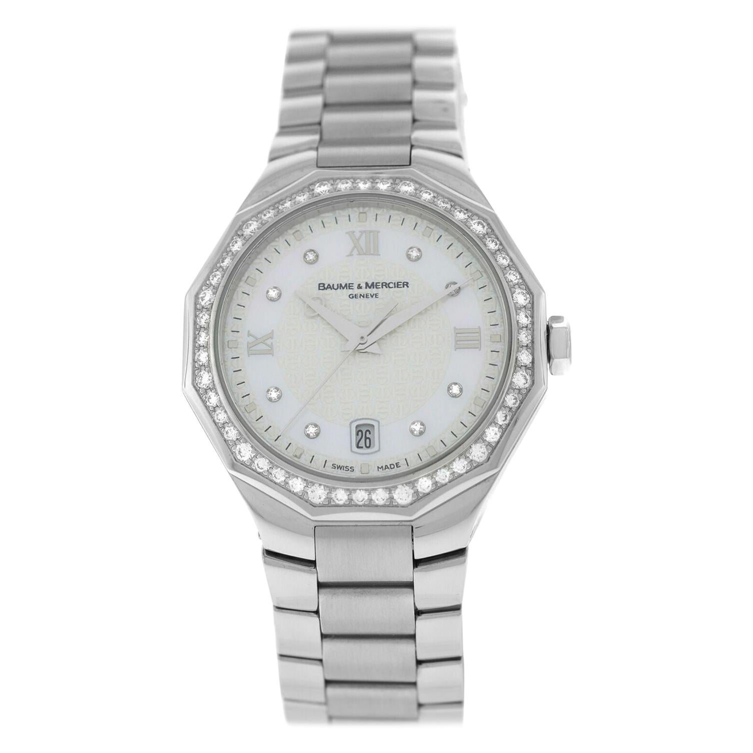 Ladies Baume & Mercier Riviera 65526 Steel Diamond Mother of Pearl Quartz Watch For Sale