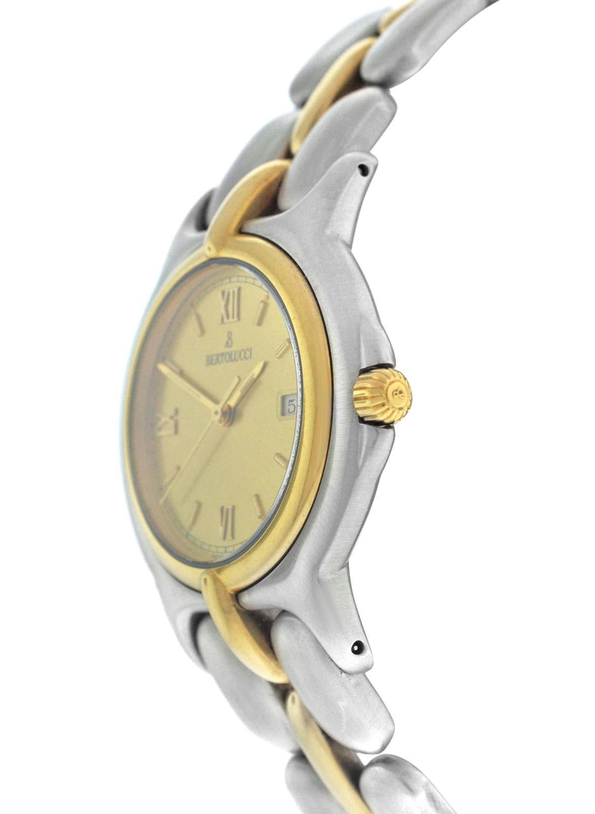 Brand	Bertolucci
Model	Pulchra 129.8055.49
Gender	Ladies
Condition	Pre owned
Movement	Quartz
Case Material	Stainless Steel & Yellow Gold
Bracelet / Strap Material	Stainless Steel & Yellow Gold
Clasp / Buckle Material	Stainless Steel
Clasp